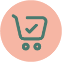 Shopping cart icon with a checkmark inside a peach circle.