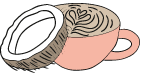A cup of coconut-themed beverage with a coconut half beside it.