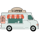 A white coffee truck with a red canopy and coffee sign.
