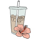 A cold iced coffee with a flower beside it.