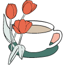 A cup of coffee with red tulips beside it.